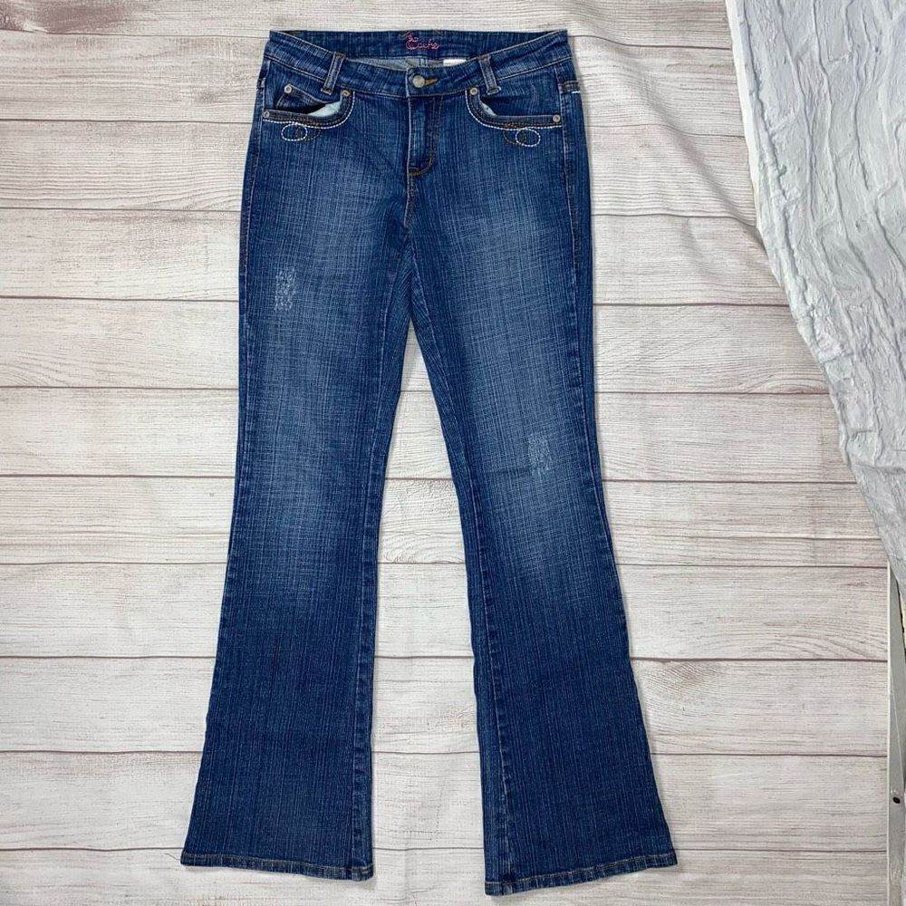 Cache cotton blend lightly distressed flare leg jeans w/embroidery blue sz 6